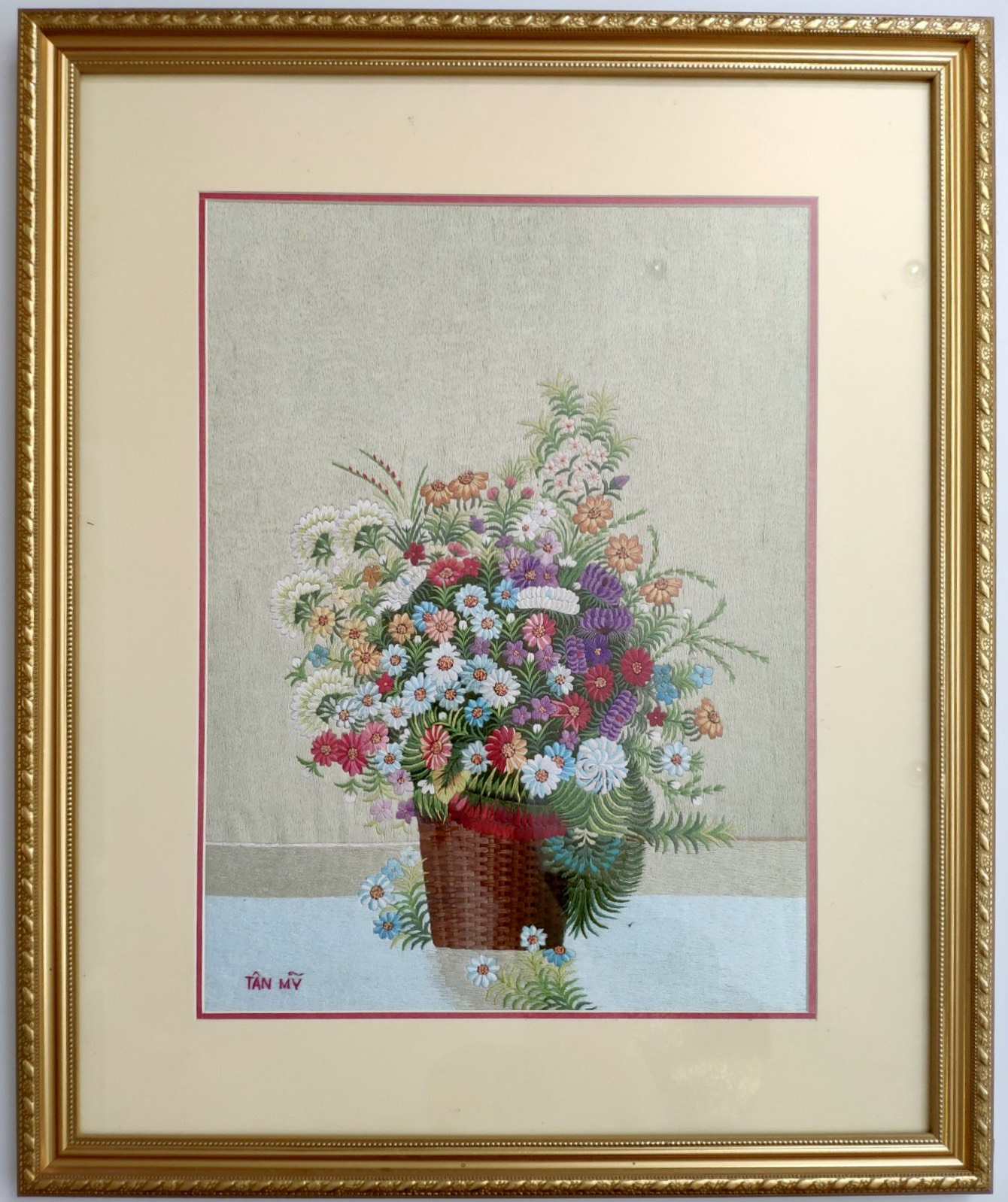 Handembroidered painting Flower vase